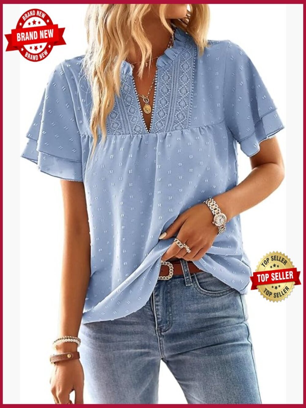 V Neck Butterfly Sleeve Swiss Dot Ruffle Blouse - Dressy Casual